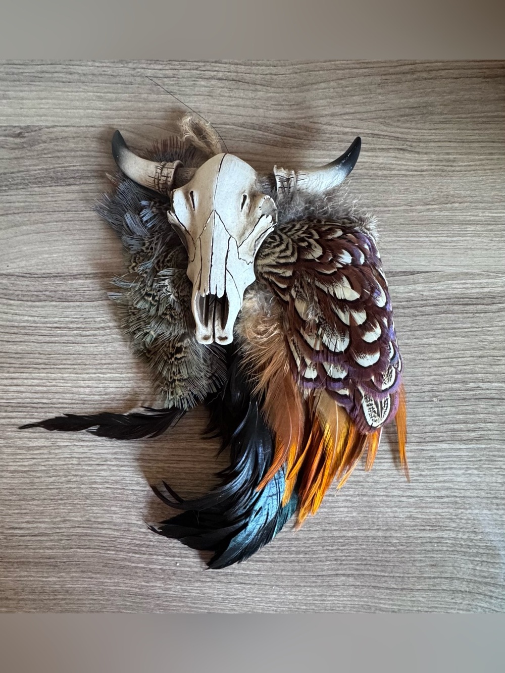 Bohemian Feathered Skull Wall Art in Brown, Black, Orange and Cream